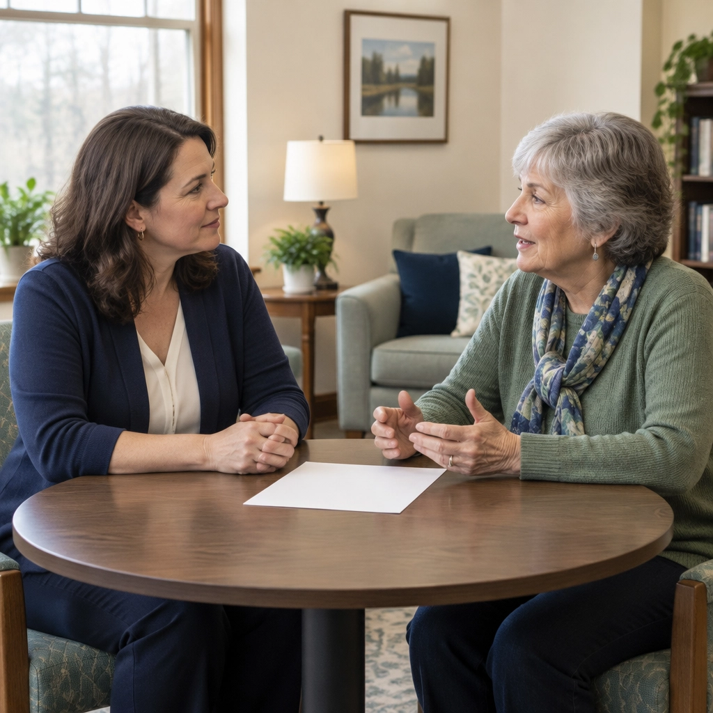 An adult and a support person sit together in conversation, with the adult guiding the discussion